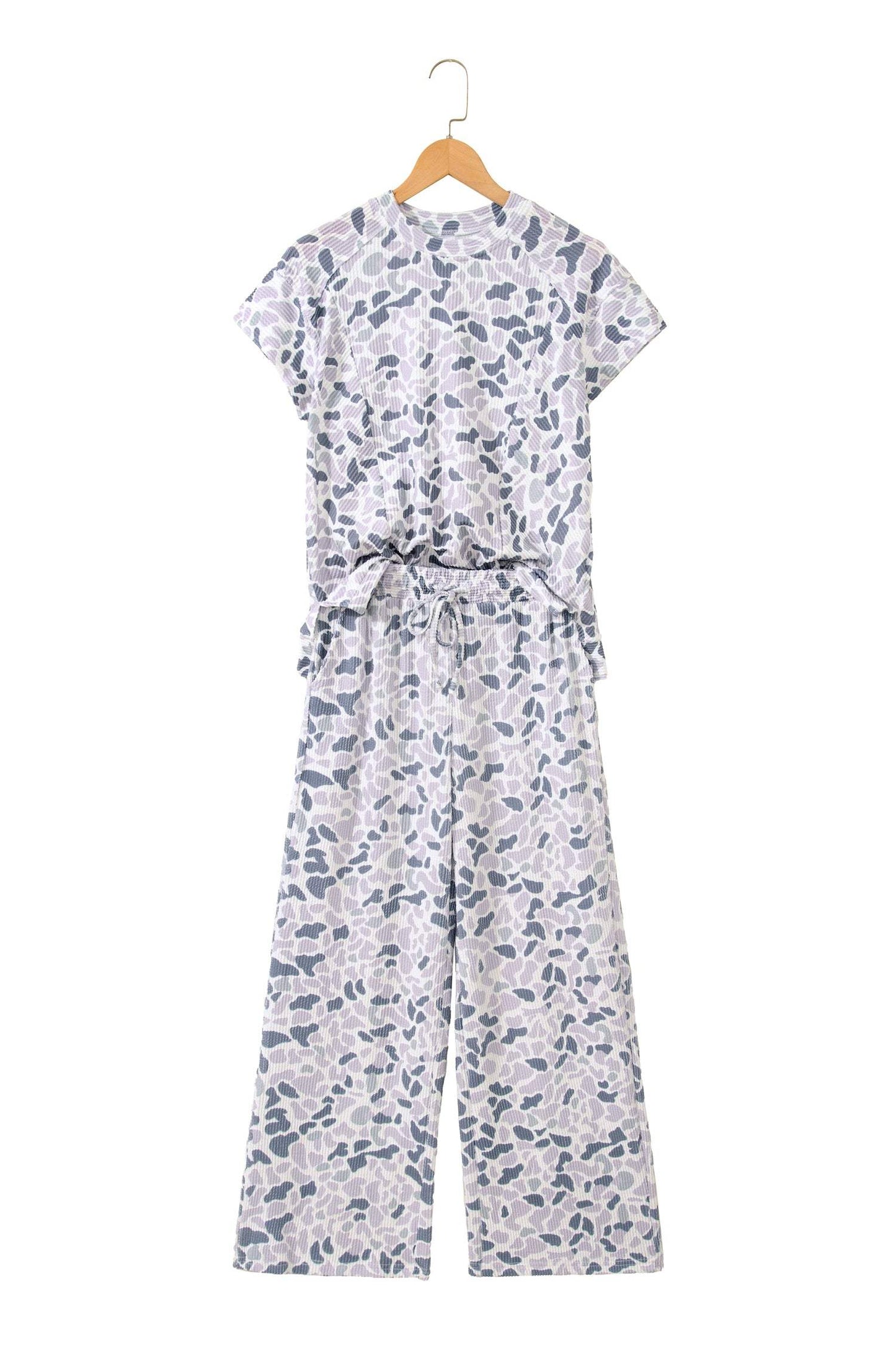 Beige Camouflage Print Twisted Rib Loose Tee Drawstring Pants Set