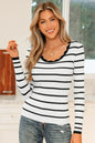 Bright Green Scalloped Trim U Neck Striped Ribbed Slim Sweater