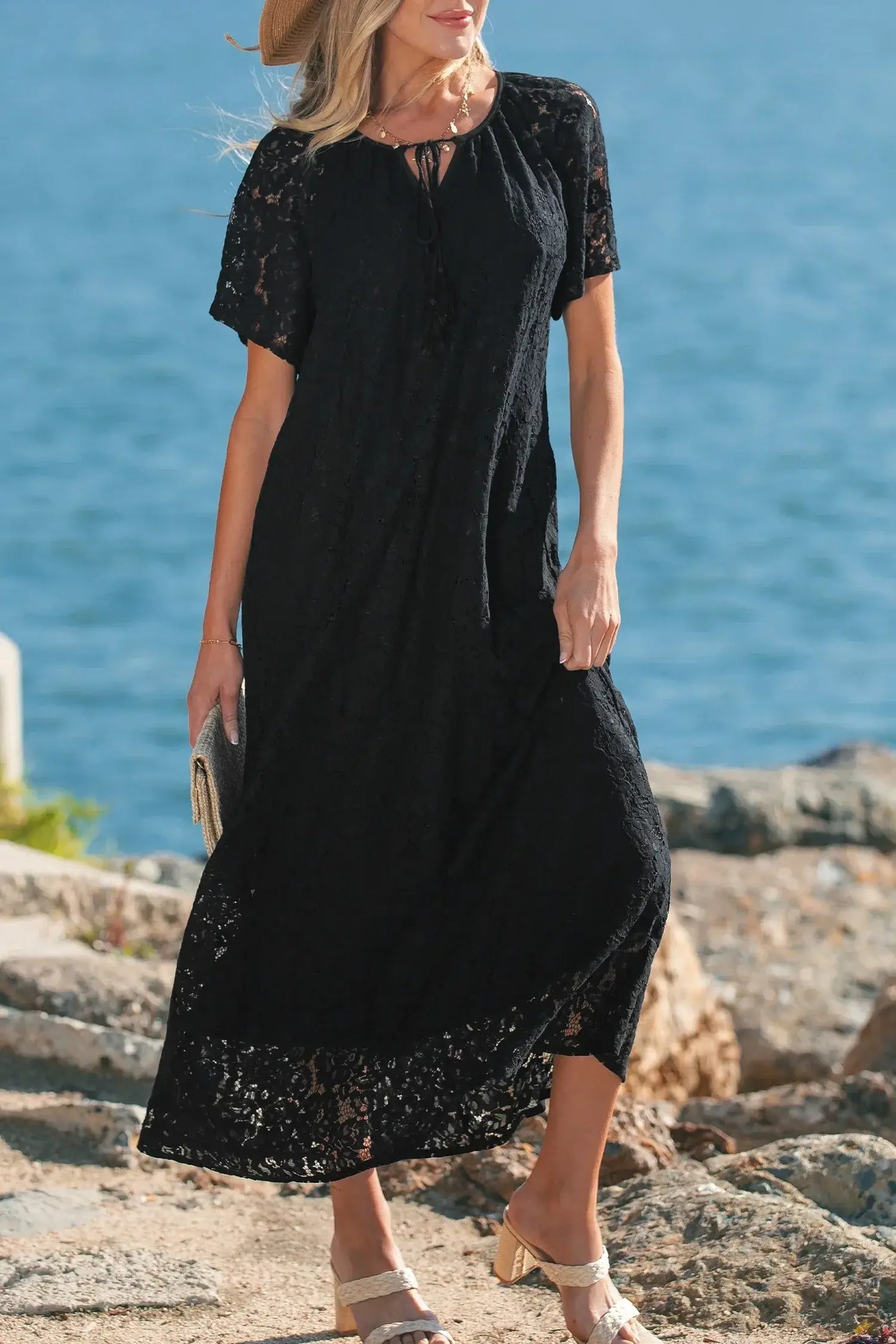 Black Floral Lace Overlay Tassel Tie Short Sleeve Beach Vacation Loose Maxi Dress - Sweet Fashion Wholesale