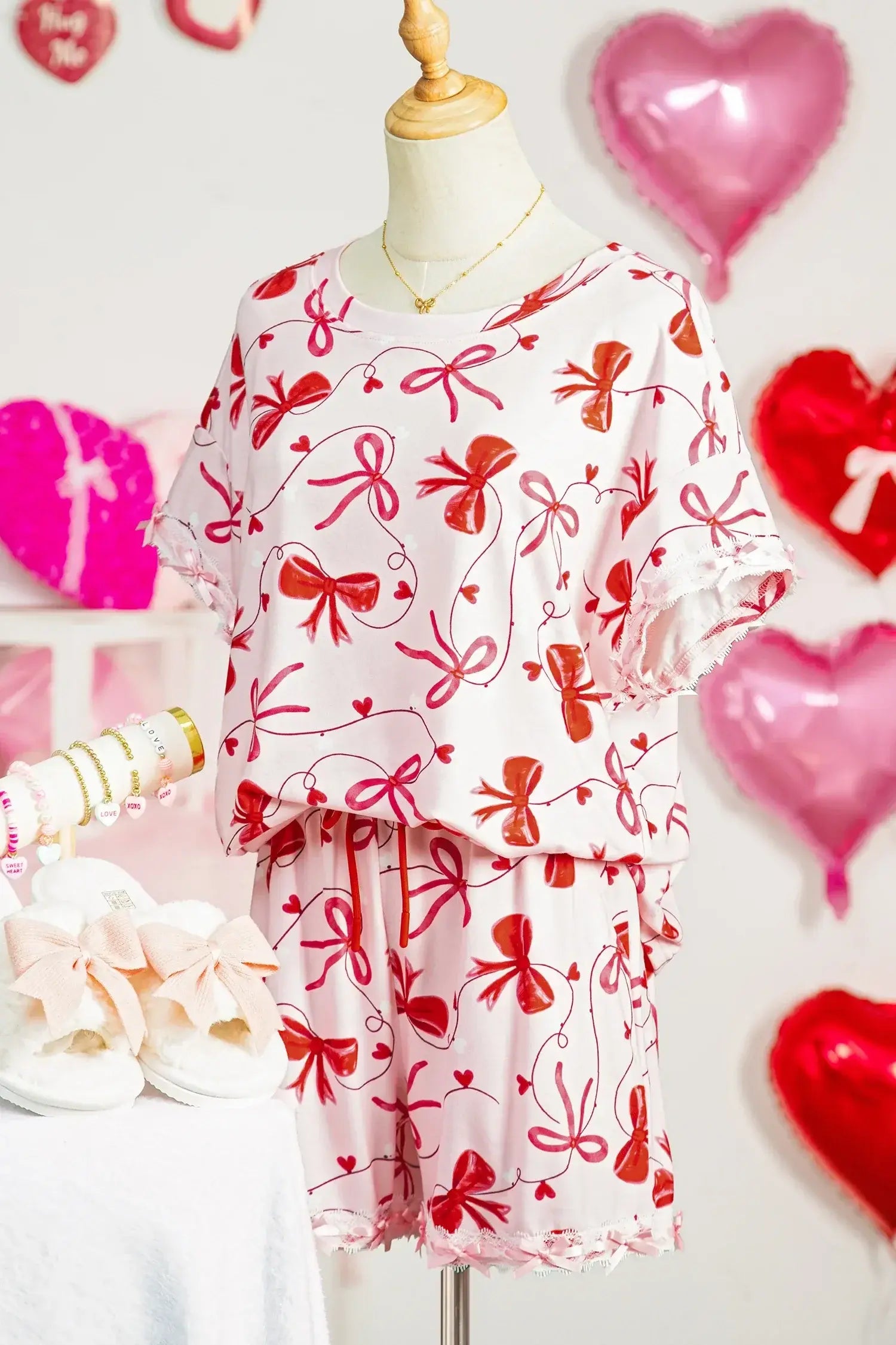 Red Romantic Bow Print Loose Tee Drawstring Shorts 2pcs Lounge Set - Sweet Fashion Wholesale