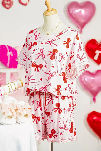 Red Romantic Bow Print Loose Tee Drawstring Shorts 2pcs Lounge Set - Sweet Fashion Wholesale