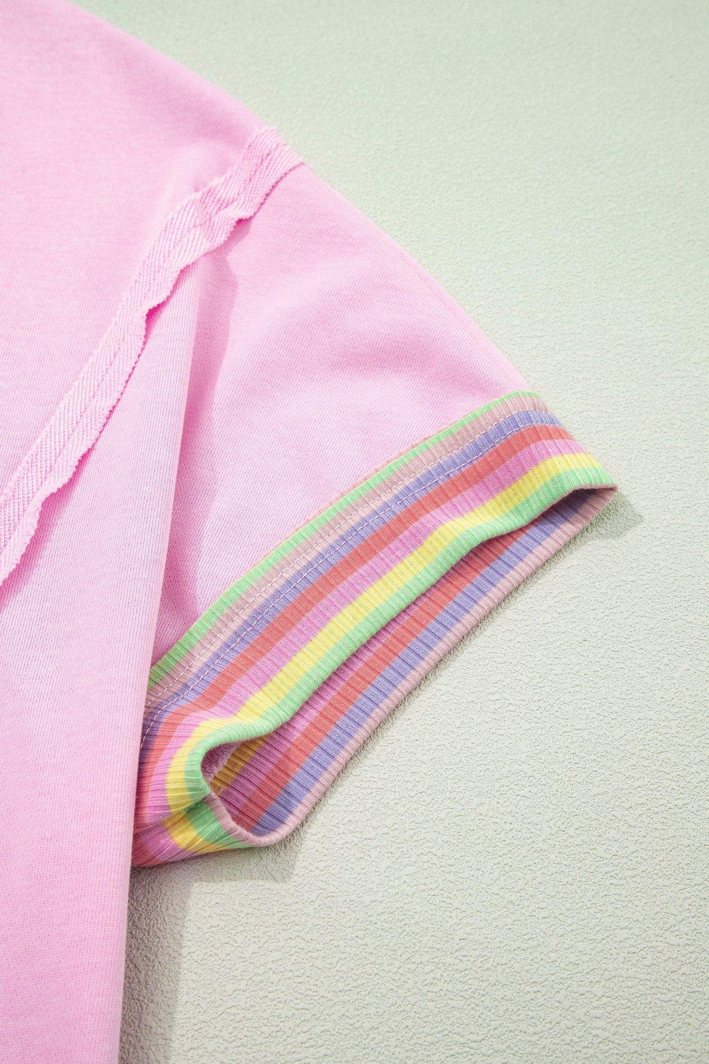 Pink Rainbow Stripe Ribbed Patchwork Raw Seam Oversize Polo Tee - Sweet Fashion Wholesale