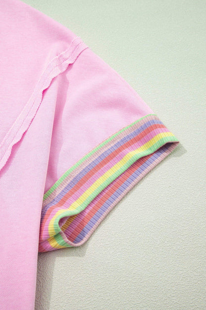 Pink Rainbow Stripe Ribbed Patchwork Raw Seam Oversize Polo Tee - Sweet Fashion Wholesale