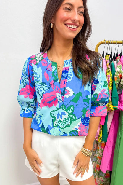 Sky Blue Floral Print V Neck Half Sleeve Blouse - Sweet Fashion Wholesale