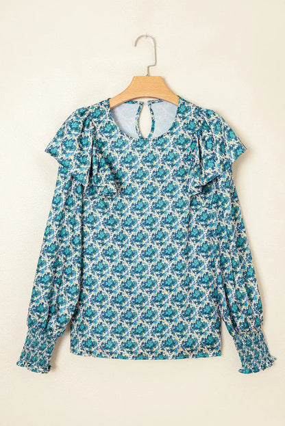 Green Abstract Print Shirred Cuff Puff Sleeve Blouse