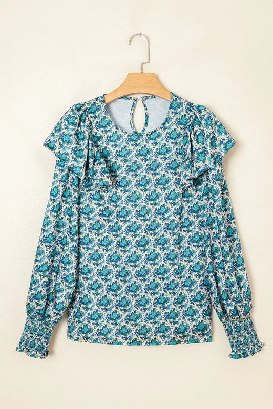 Green Abstract Print Shirred Cuff Puff Sleeve Blouse