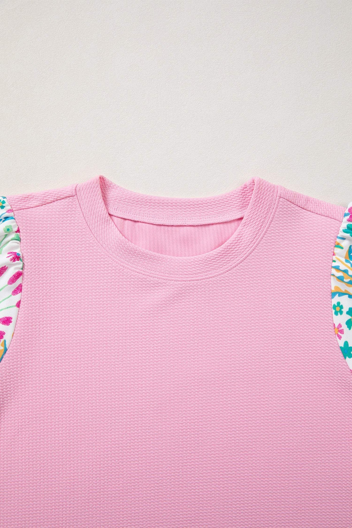 Pink Round Neck Textured Contrast Floral Bubble Sleeve Blouse