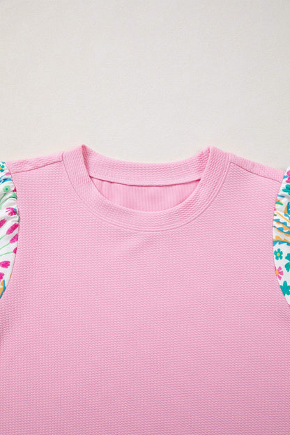 Pink Round Neck Textured Contrast Floral Bubble Sleeve Blouse