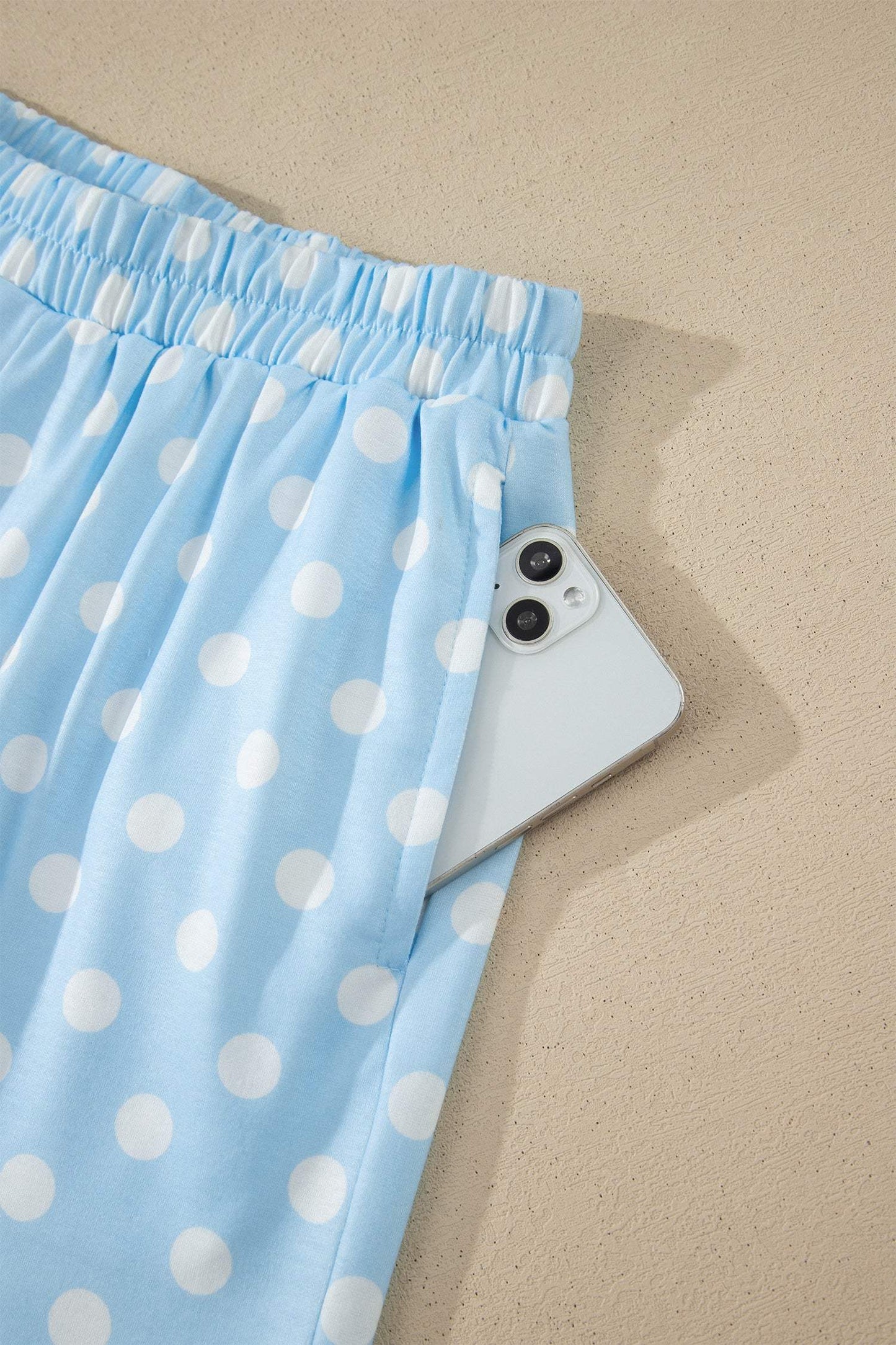 Green Polka Dot Print Color Block Trim Mock Neck Short Set