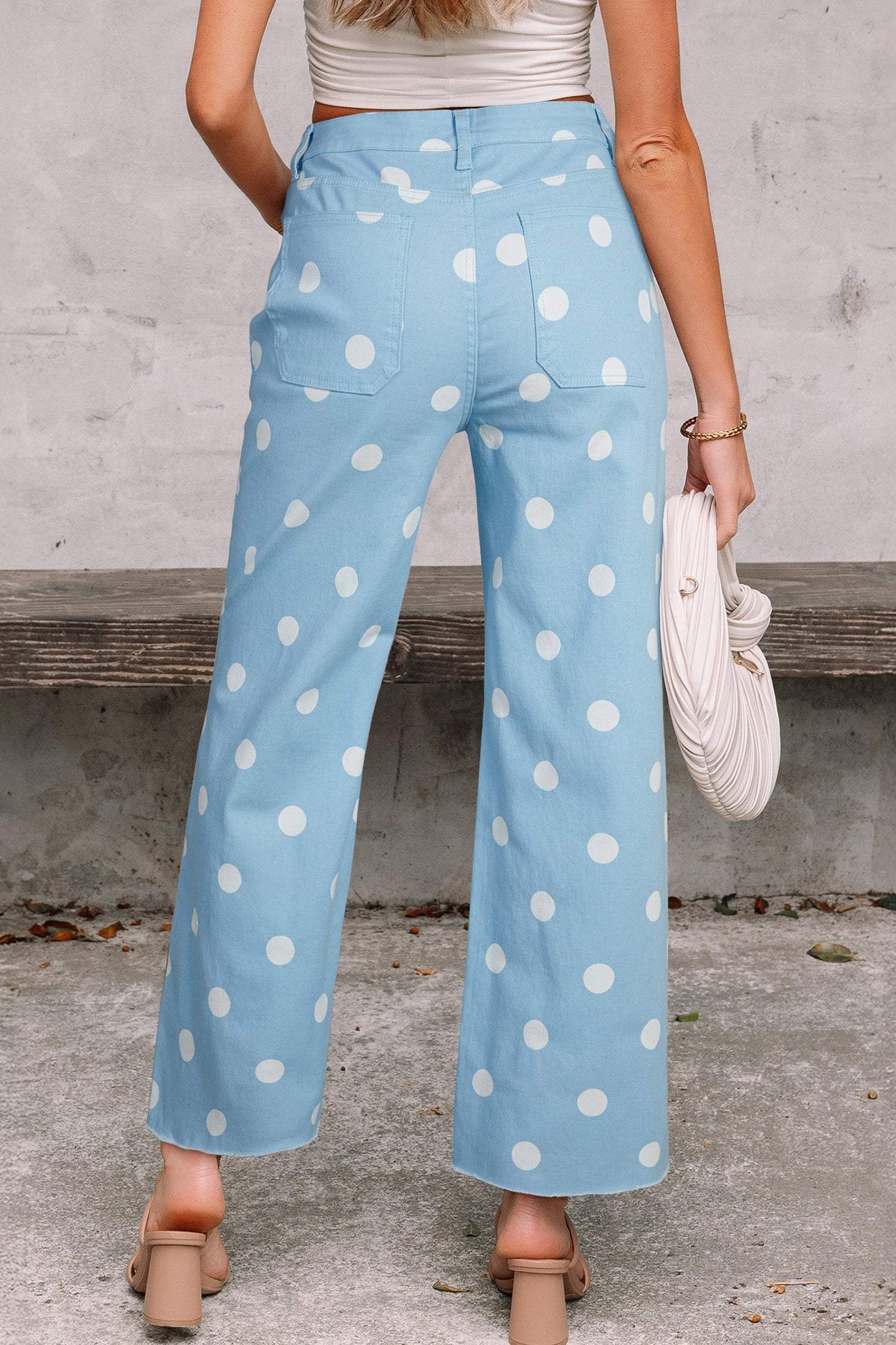 Sky Blue Polka Dot Print Raw Hem Shift Jeans