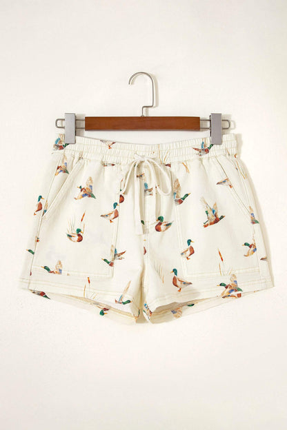 Beige Wild Duck Mallard Printed Drawstring Denim Shorts