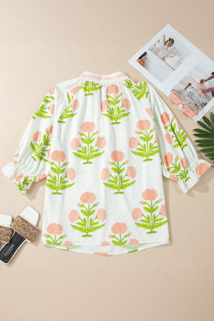 Pink Plus Size Floral Print Striped Trim V Neck Blouse
