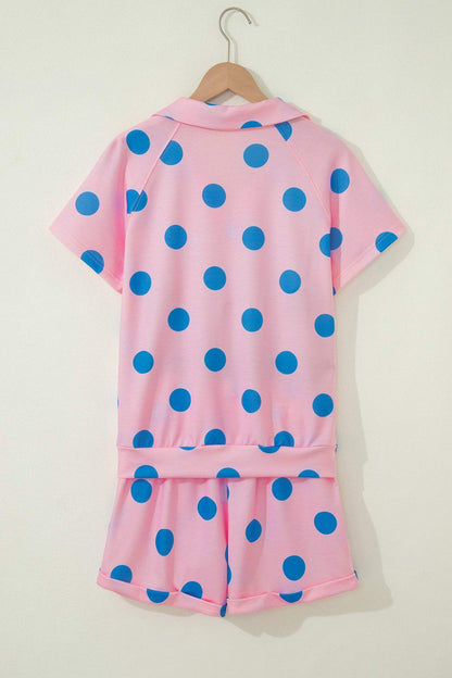 Green Polka Dot Print V Neck Tee Short Set