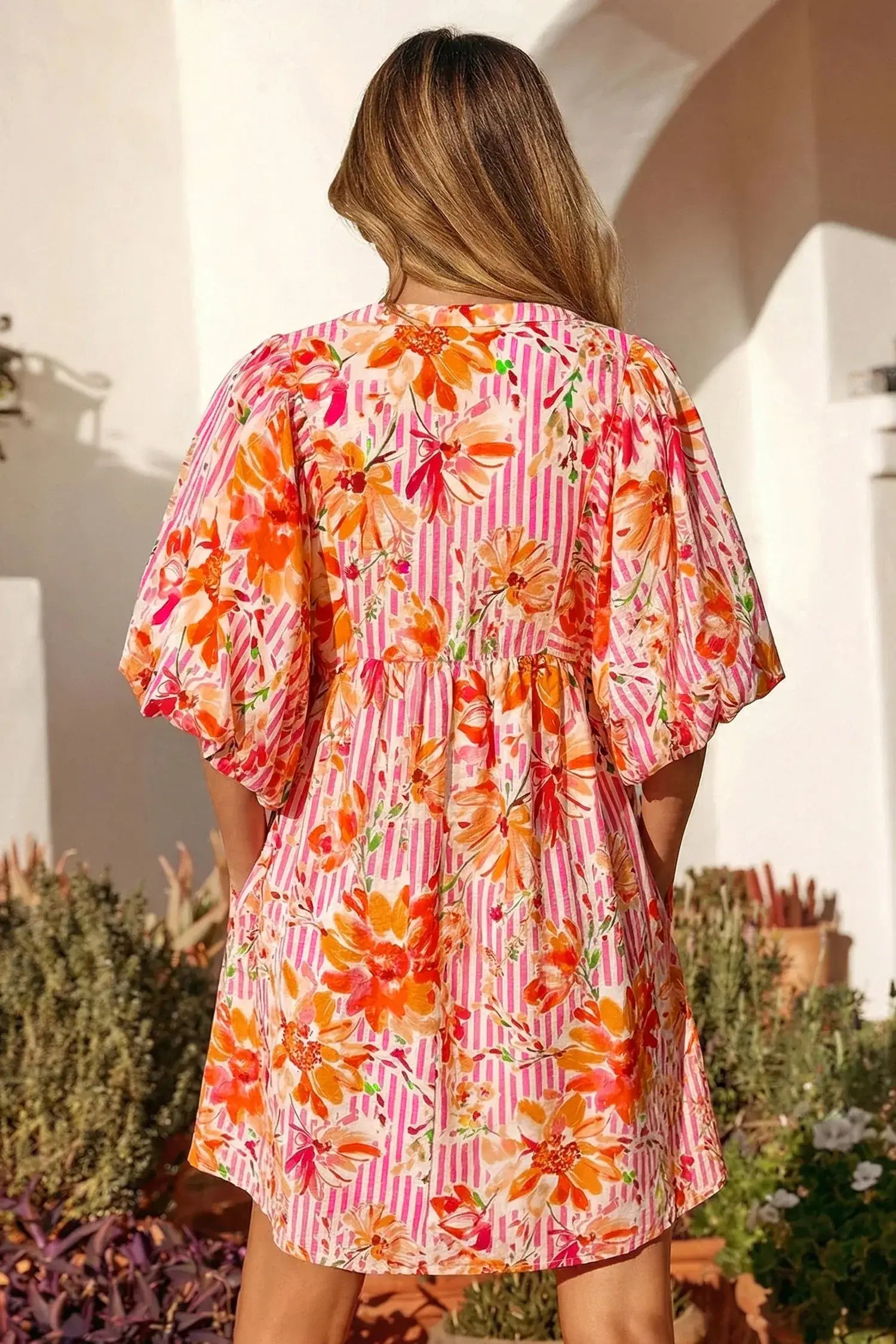 Pink Striped Floral Print Tie Neck Puff Sleeve Loose Mini Dress - Sweet Fashion Wholesale