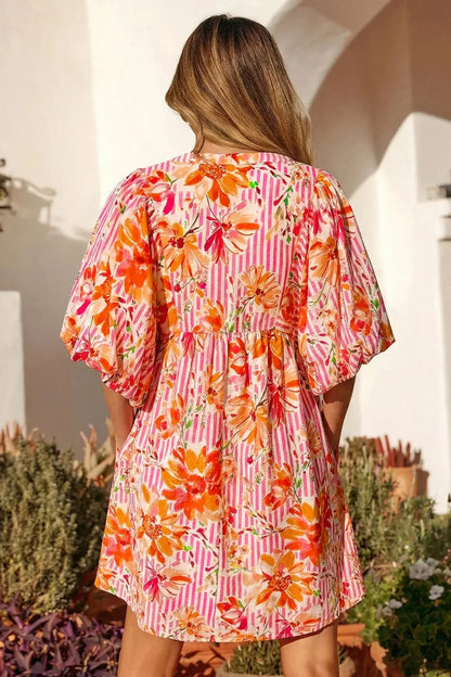 Pink Striped Floral Print Tie Neck Puff Sleeve Loose Mini Dress - Sweet Fashion Wholesale