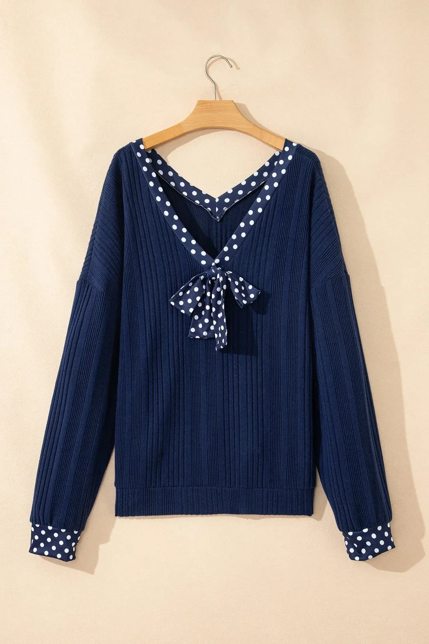 Dirty blue Polka Dot Trimmed V Neck Bow Tie Textured Ribbed Top - Sweet Fashion Wholesale