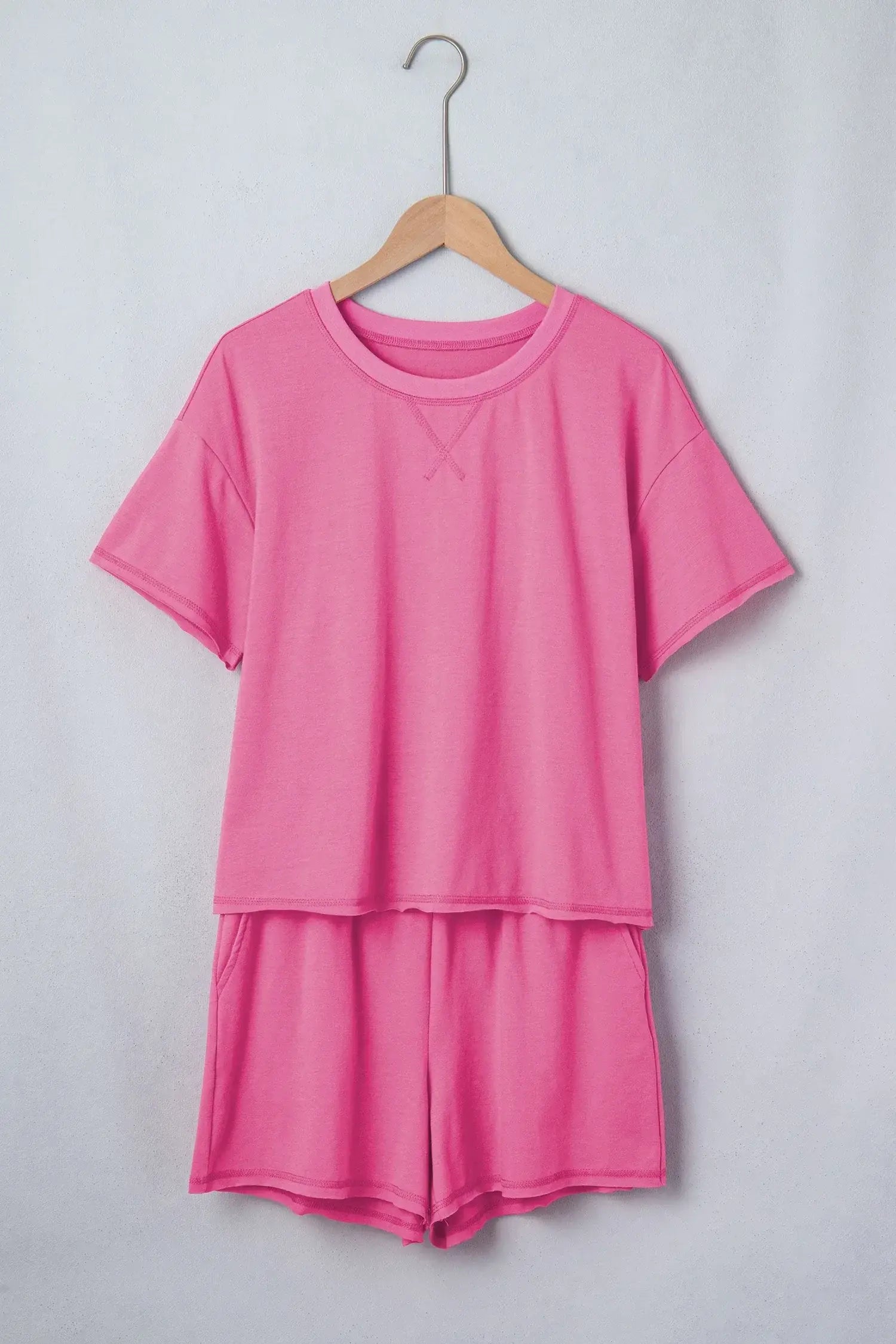 Bright Pink Seam Detail Raw Edge Tee Rainbow Waistband Casual Short Set - Sweet Fashion Wholesale