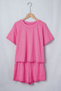 Bright Pink Seam Detail Raw Edge Tee Rainbow Waistband Casual Short Set - Sweet Fashion Wholesale