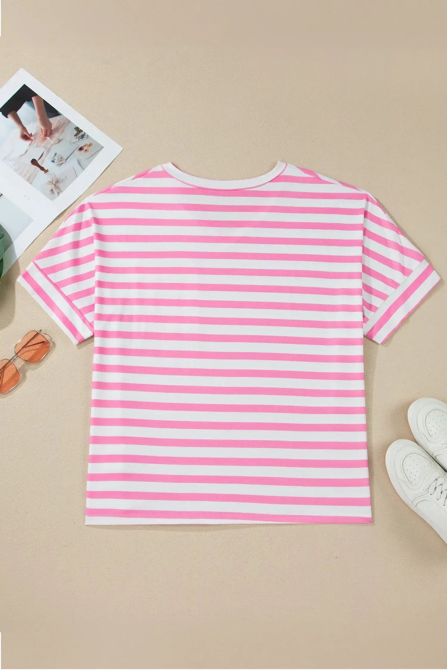 Pink Stripe Colorblock Patched Pocket V Neck Plus Size Tee - Sweet Fashion Wholesale