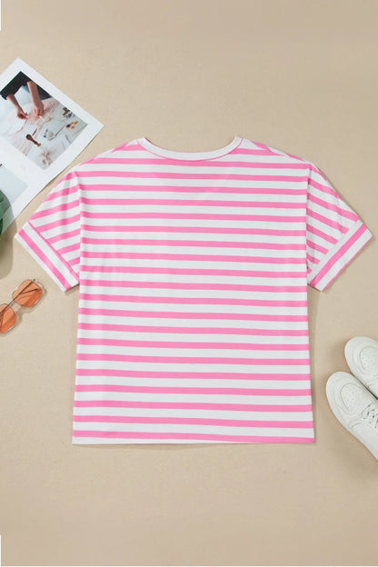 Pink Stripe Colorblock Patched Pocket V Neck Plus Size Tee - Sweet Fashion Wholesale