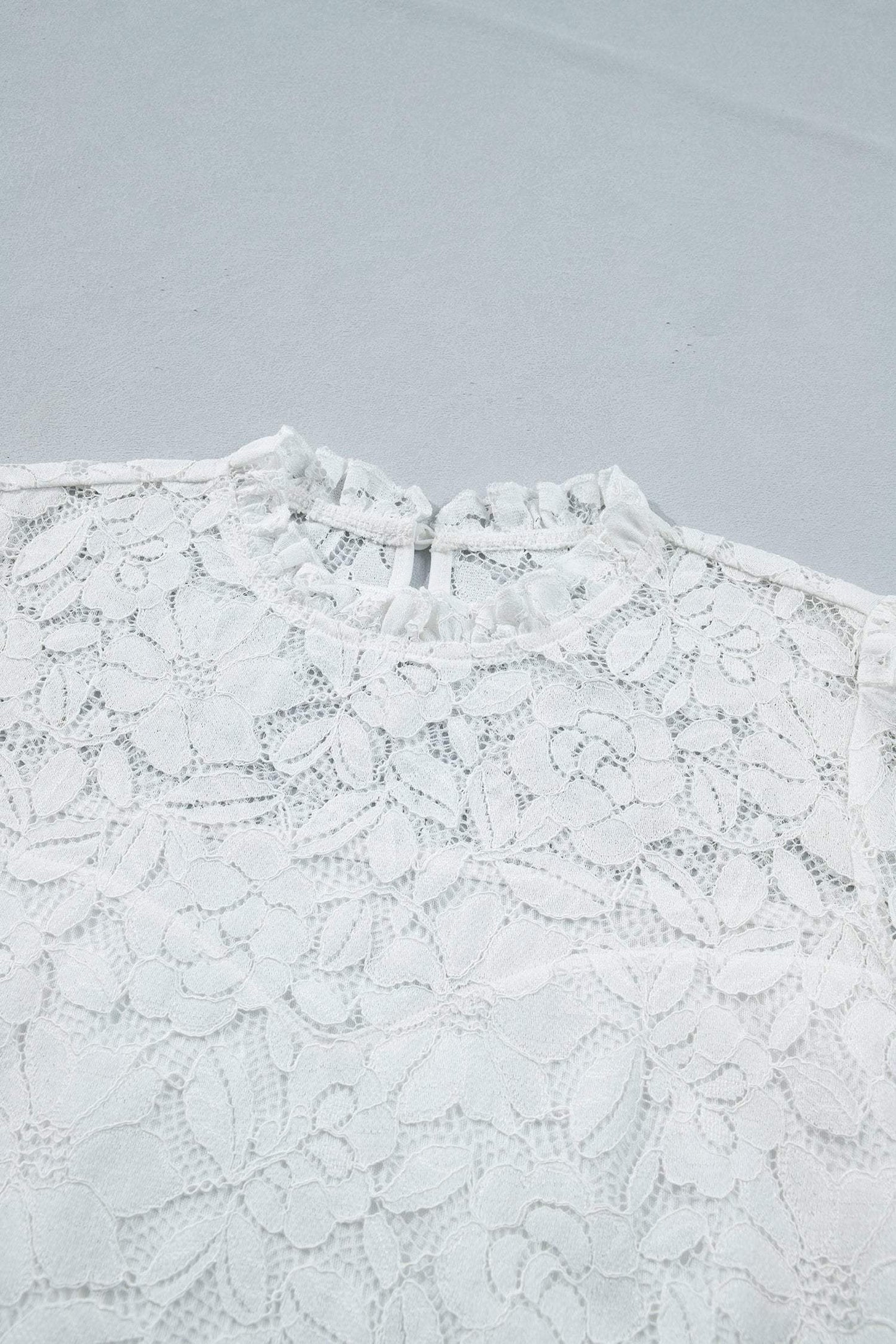White Ruffled Round Neck Long Flounce Sleeve Sheer Lace Blouse