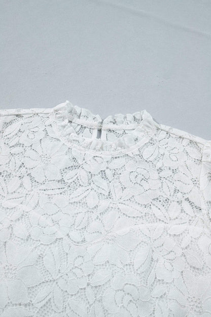 White Ruffled Round Neck Long Flounce Sleeve Sheer Lace Blouse
