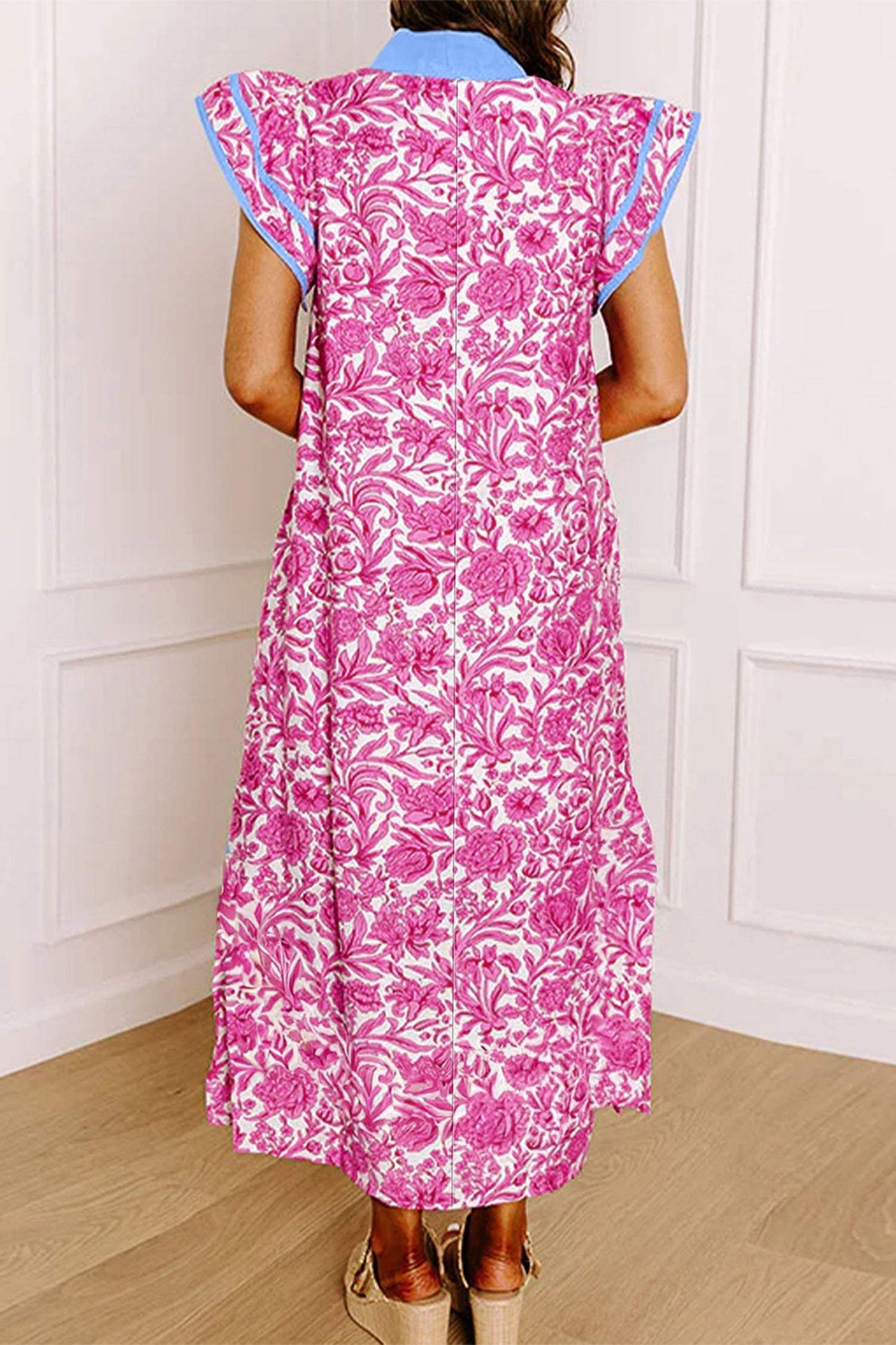 Pink Floral Print Color Block Patchwork V Neck Short Sleeve Midi Dress