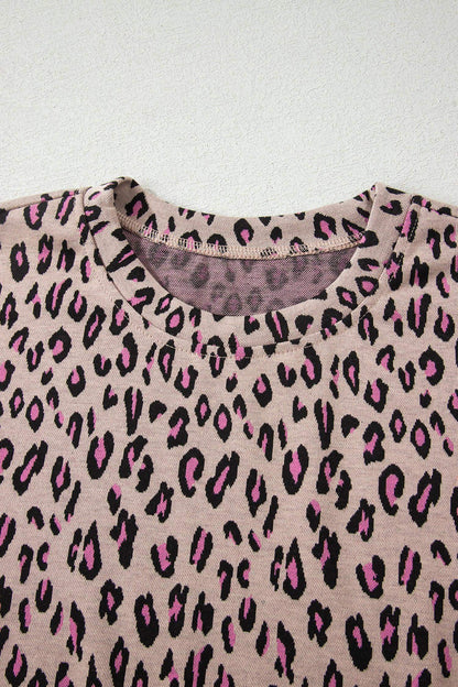 Beige Leopard Print Casual Tee and Pants 2pcs Outfit - Sweet Fashion Wholesale