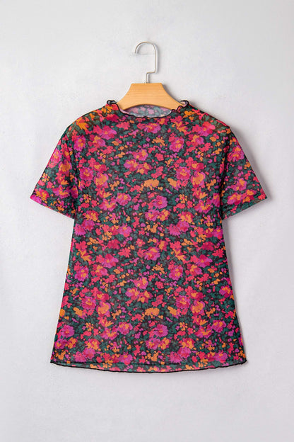 Camel Leopard Printed Mesh Short Sleeve Top