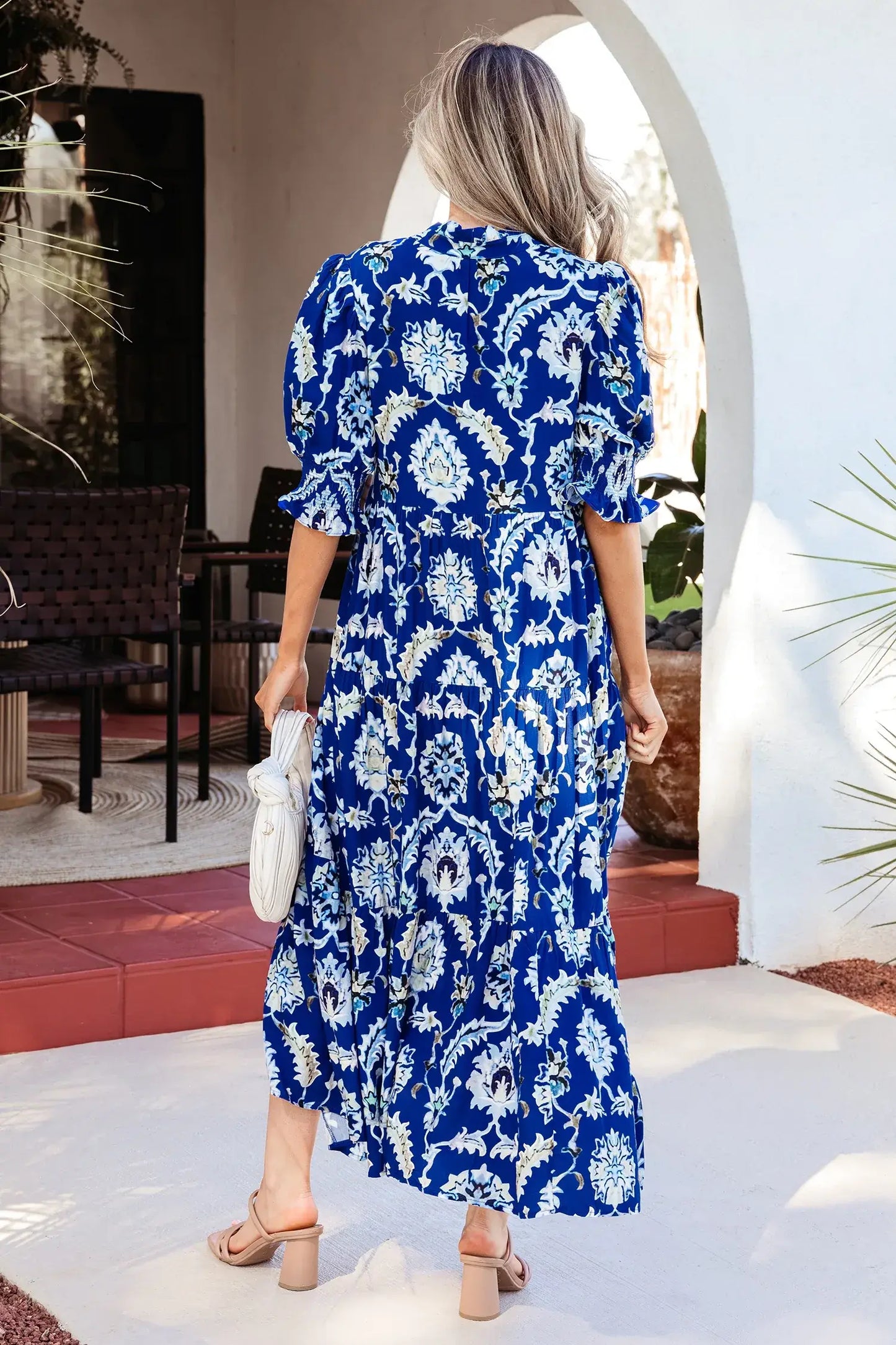 Blue Wild Floral Print Frilled Collar Half Sleeve Long Dress - Sweet Fashion Wholesale