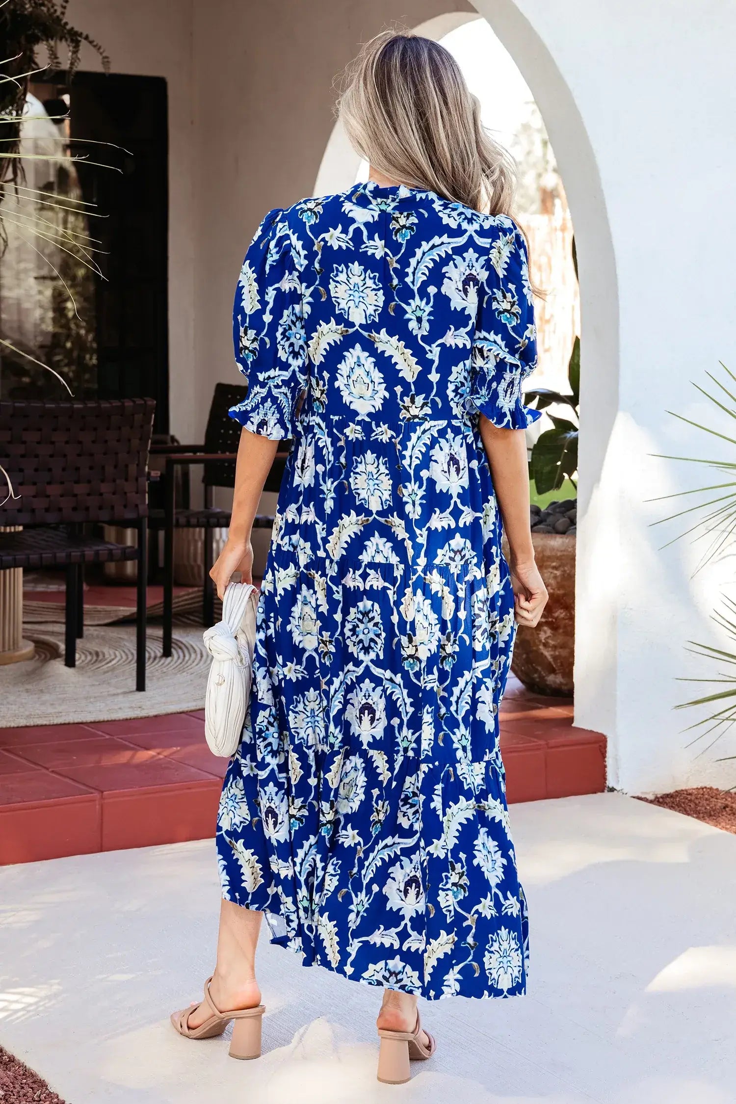 Blue Wild Floral Print Frilled Collar Half Sleeve Long Dress - Sweet Fashion Wholesale