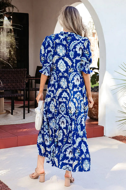 Blue Wild Floral Print Frilled Collar Half Sleeve Long Dress - Sweet Fashion Wholesale