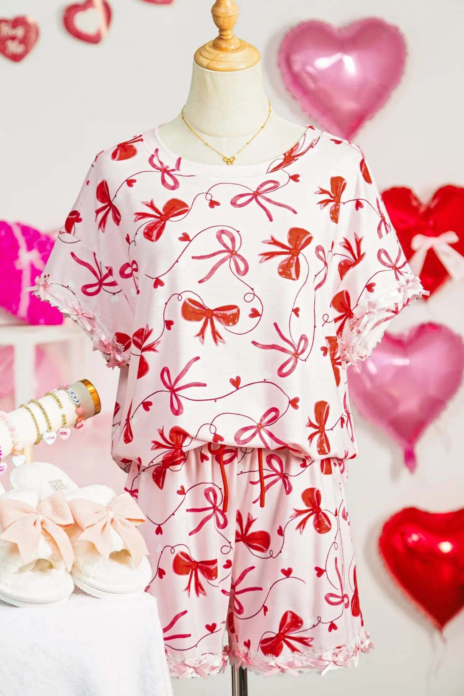 Red Romantic Bow Print Loose Tee Drawstring Shorts 2pcs Lounge Set - Sweet Fashion Wholesale