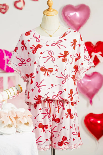 Red Romantic Bow Print Loose Tee Drawstring Shorts 2pcs Lounge Set - Sweet Fashion Wholesale