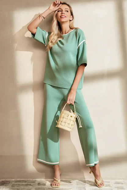 Blackish Green Contrast Trim Half Sleeve Top Drawstring Pants Loose 2pcs Sweater Suit - Sweet Fashion Wholesale