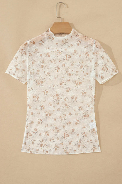 White Mock Neck Short Sleeve Floral Mesh Top - Sweet Fashion Wholesale