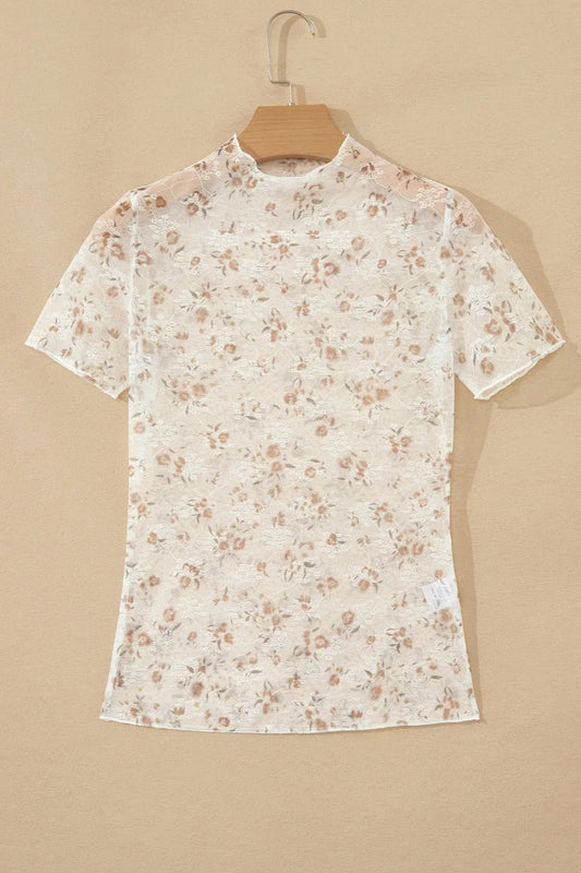White Mock Neck Short Sleeve Floral Mesh Top - Sweet Fashion Wholesale