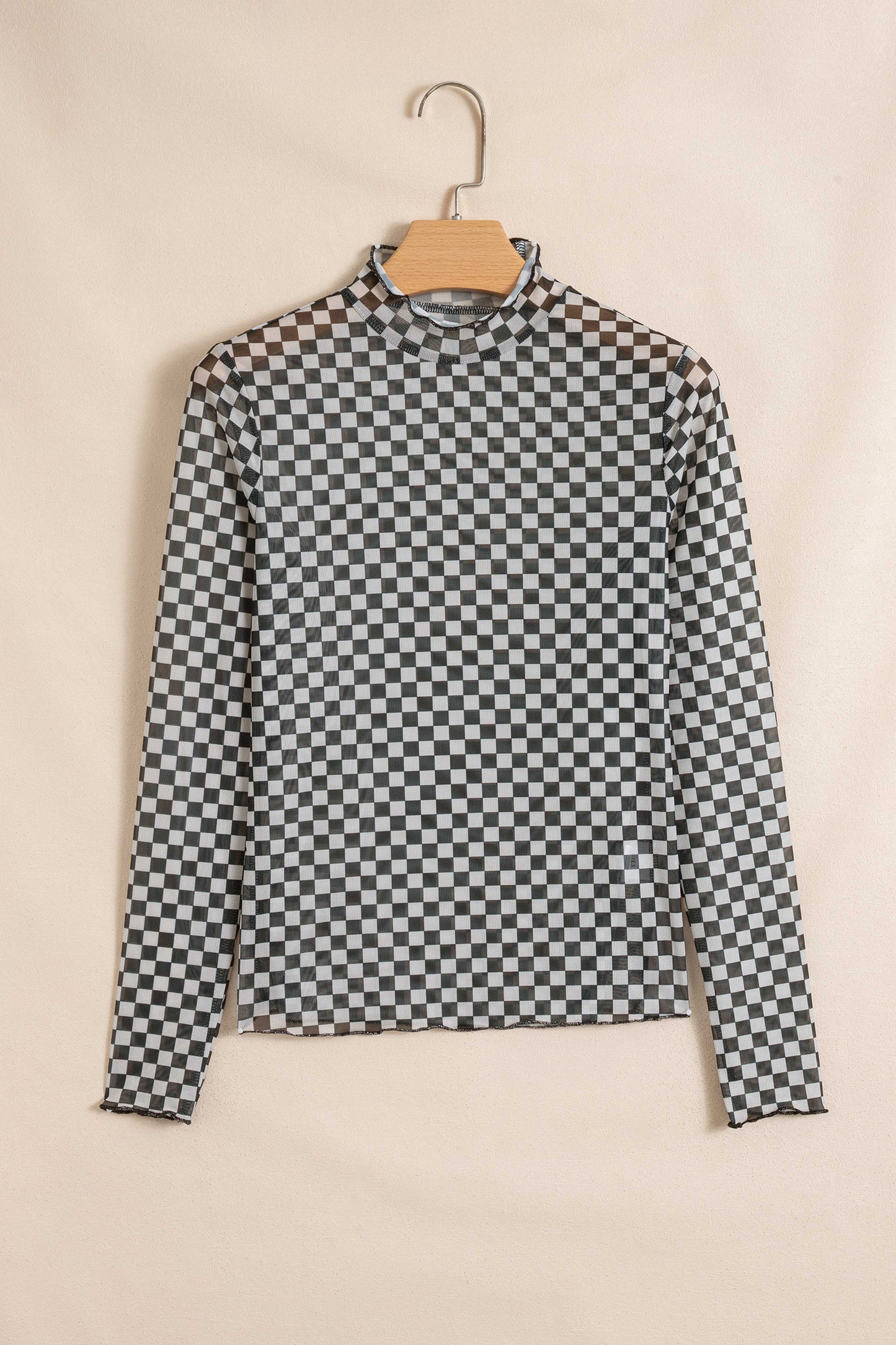 Black Plaid Stand Neck Long Sleeve Mesh Top