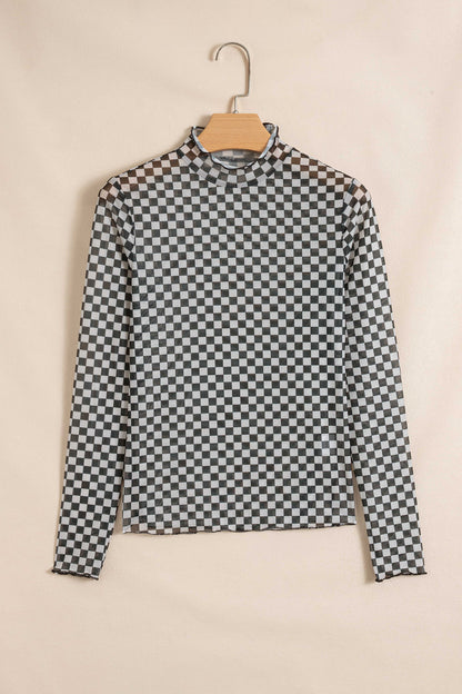 Black Plaid Stand Neck Long Sleeve Mesh Top