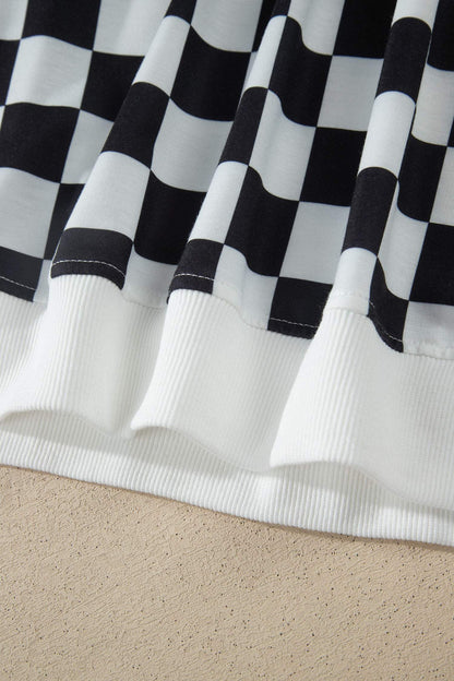 Black Checkered Print Color Block Trim Mock Neck Short Set