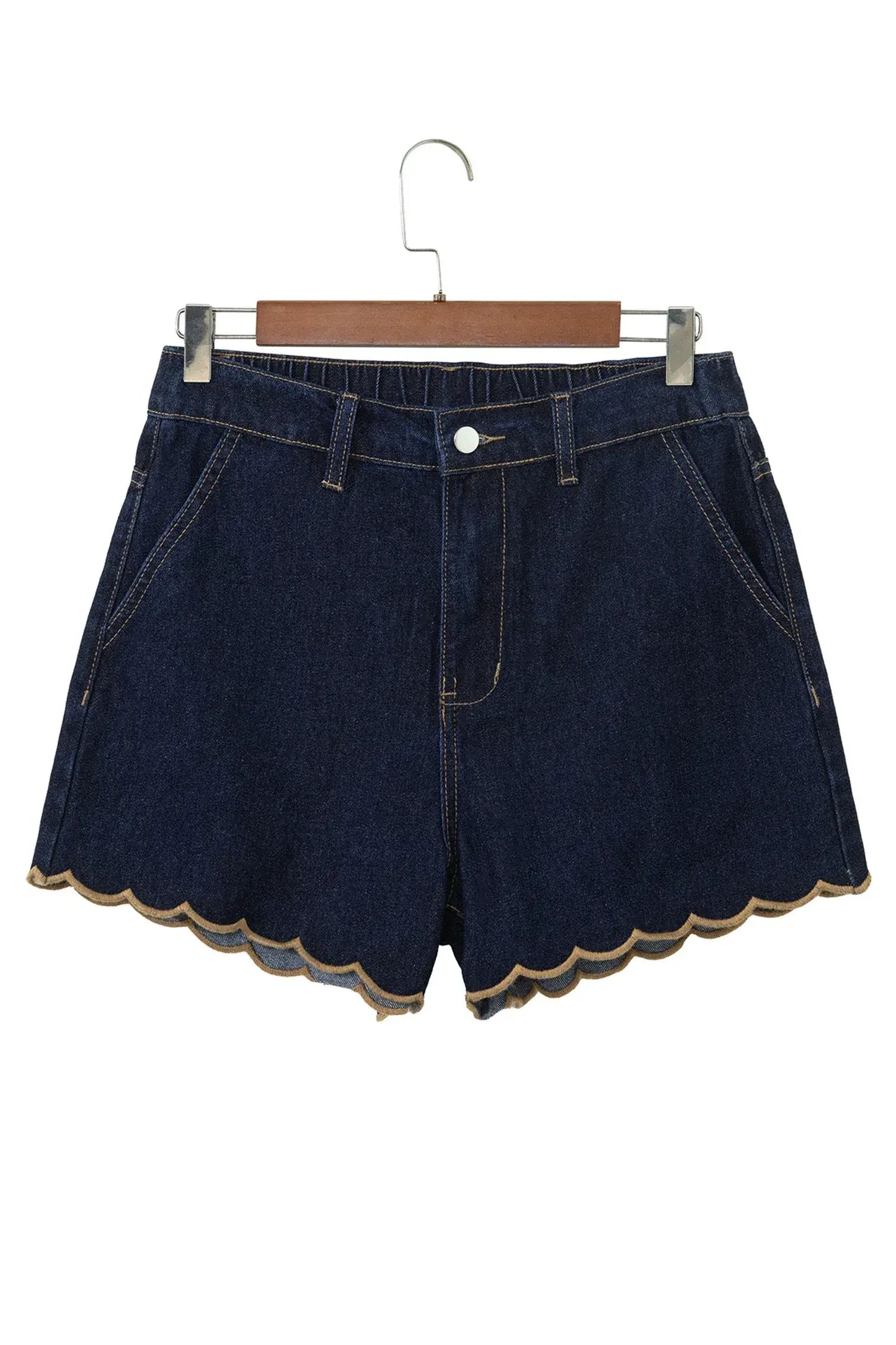Navy Blue Embroidered Scalloped Trim Relaxed Denim Shorts - Sweet Fashion Wholesale