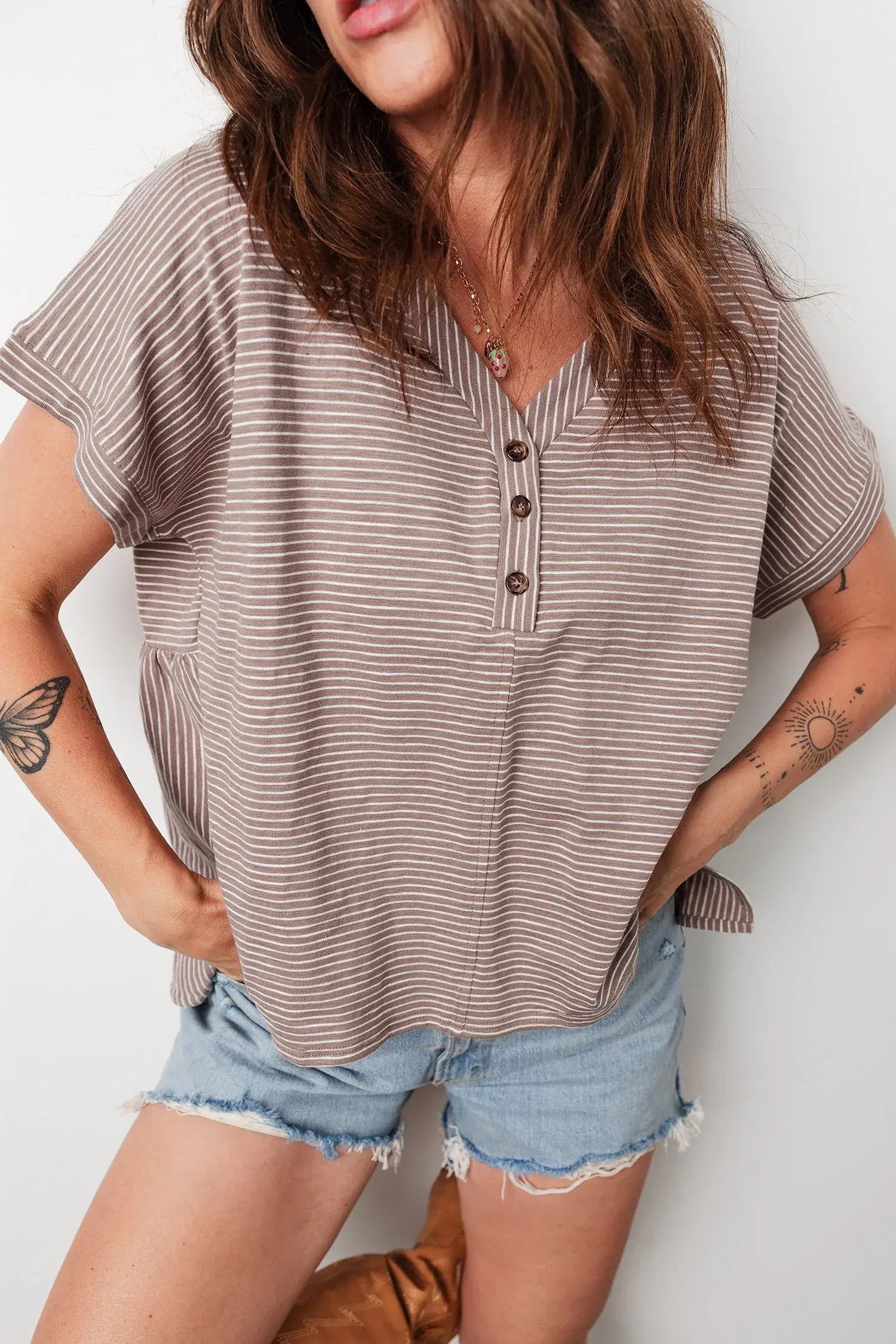 Khaki Stripe Buttoned V Neck High Low Side Slit T Shirt - Sweet Fashion Wholesale