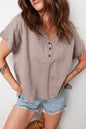 Khaki Stripe Buttoned V Neck High Low Side Slit T Shirt - Sweet Fashion Wholesale