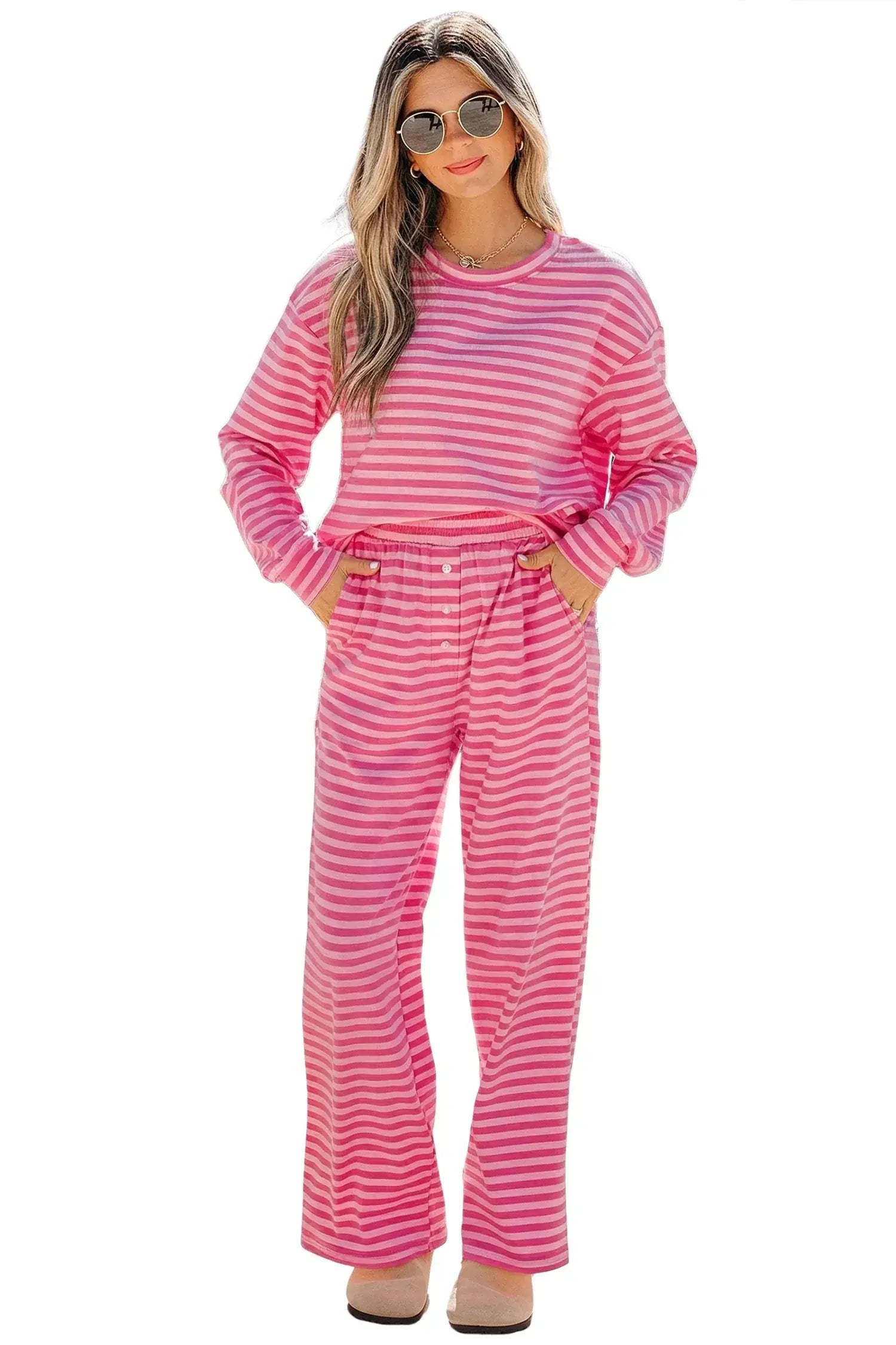Rose Stripe Drop Shoulder Round Neck Top and Buttoned Straight Pants Two Piece Set - Sweet Fashion Wholesale