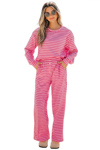 Rose Stripe Drop Shoulder Round Neck Top and Buttoned Straight Pants Two Piece Set - Sweet Fashion Wholesale