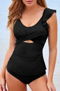 Black Solid Color Ruffle Detail Crossed Cutout Slim Tankini 2pcs Swimsuit - Sweet Fashion Wholesale
