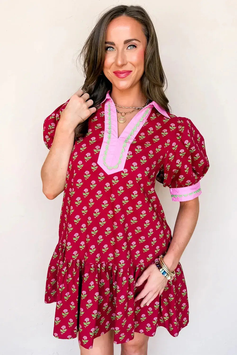 Red Floral Print Contrasted V Neck Short Bubble Sleeve Mini Dress - Sweet Fashion Wholesale