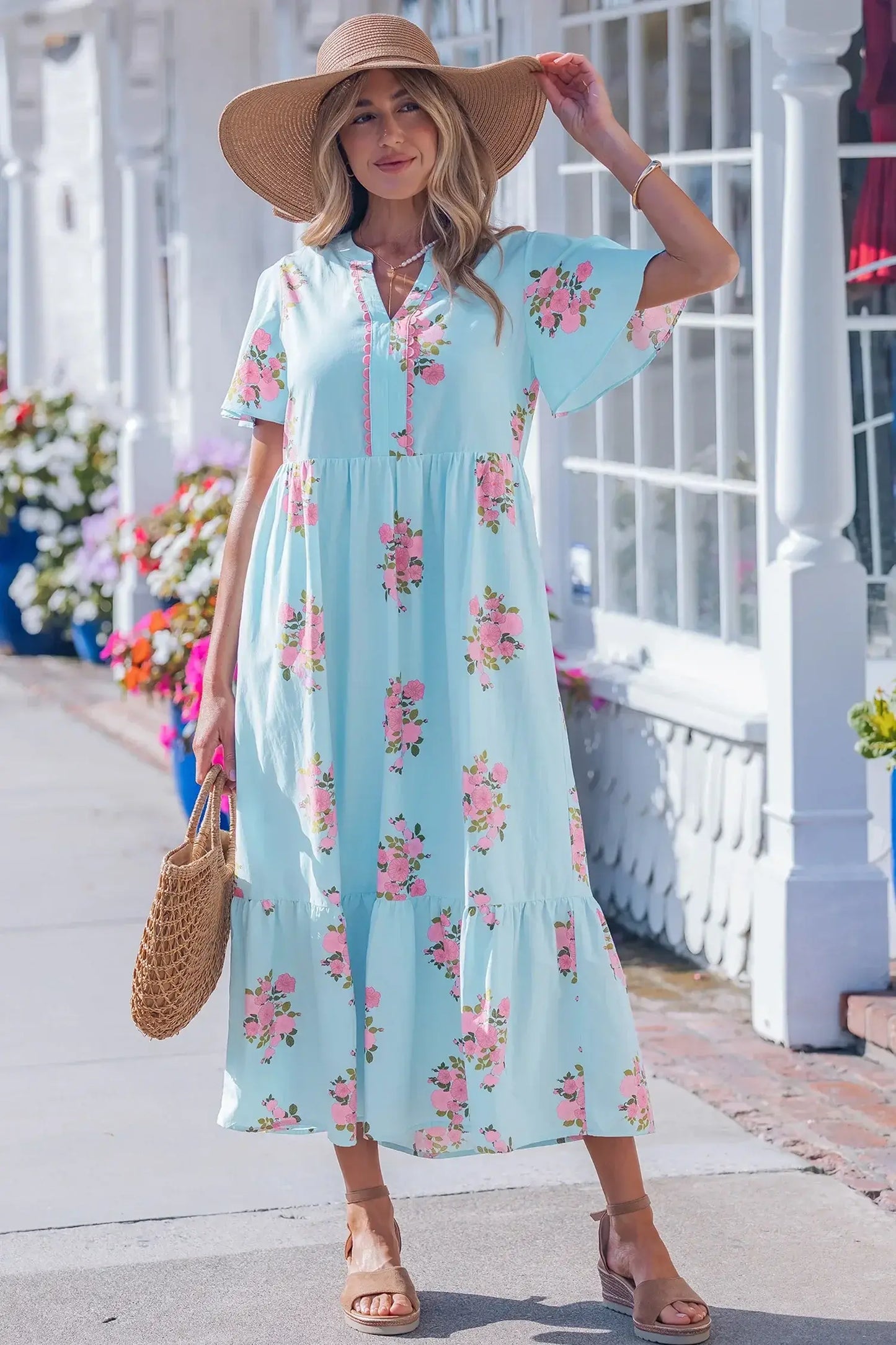 Sky Blue Notched Neck Flutter Short Sleeve Floral Print Maxi Dress - Sweet Fashion Wholesale