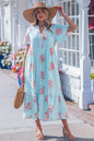 Sky Blue Notched Neck Flutter Short Sleeve Floral Print Maxi Dress - Sweet Fashion Wholesale