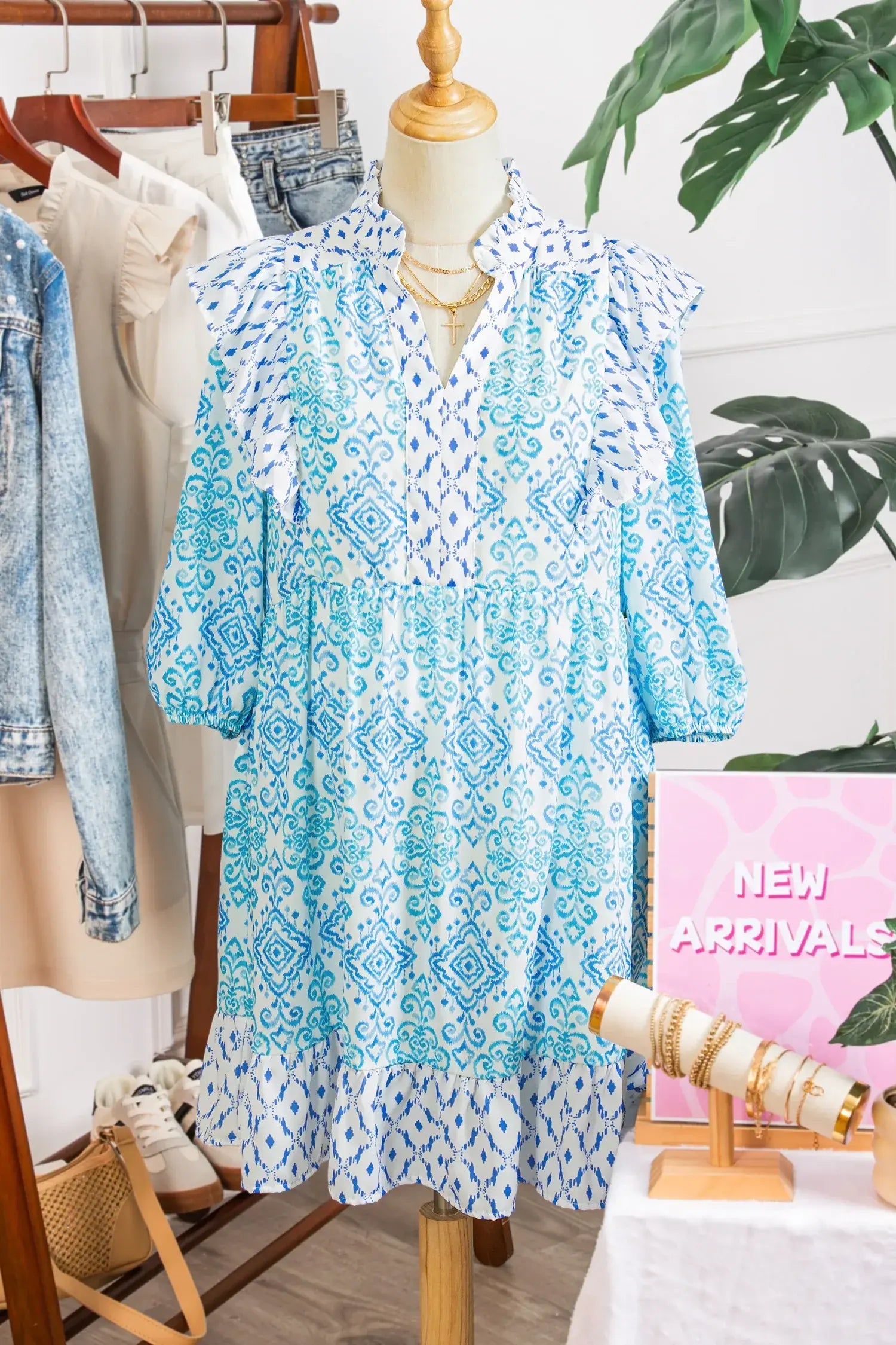 Sky Blue Boho Floral Geometric Patchwork Ruffle Detail Puff Sleeve Mini Dress - Sweet Fashion Wholesale